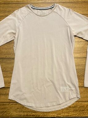 Alpha Mens Long Sleeve Crew Neck T-Shirt Beige Solid Breathable Logo Size M A220